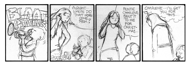 Michael gets a trumpet for Christmas from Aunt Charlene.