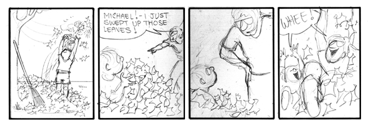 Michael messes up John's leaf pile.