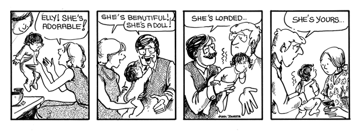 The adults pass Lizzie around between themselves because her diaper is dirty