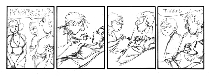 Jean covers up a patient's cleavage.